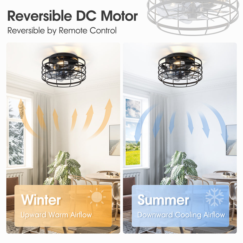 11.8" Caged Ceiling Fan with Light, Matte Black/Stain Nickel Finish, 7 ABS Blades, E12 Bulb Base, DC Motor, 6 Speeds, Reverse Function, Timer, Remote Control, Flush Mount