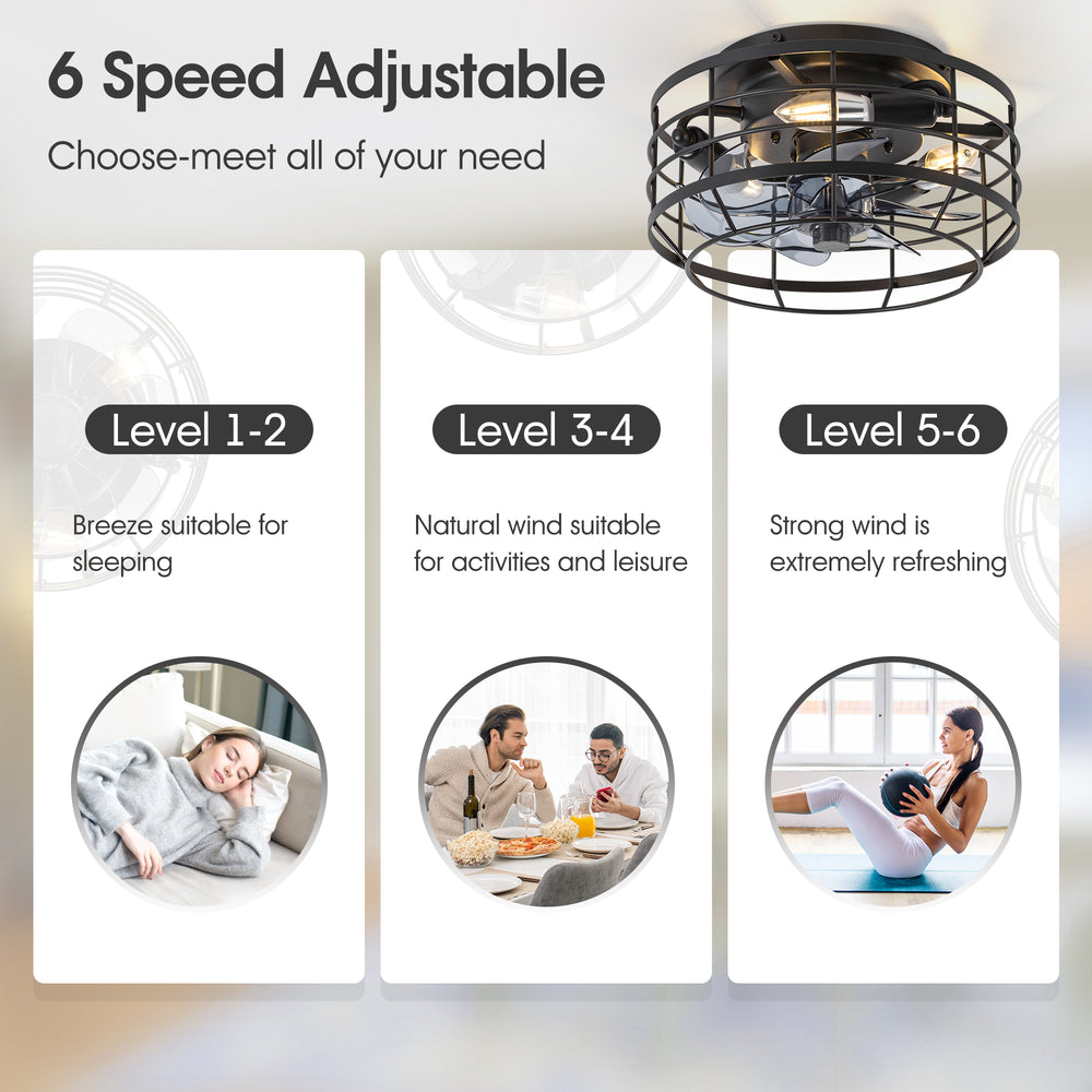 11.8" Caged Ceiling Fan with Light, Matte Black/Stain Nickel Finish, 7 ABS Blades, E12 Bulb Base, DC Motor, 6 Speeds, Reverse Function, Timer, Remote Control, Flush Mount