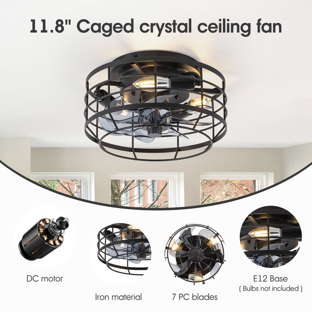 11.8" Caged Ceiling Fan with Light, Matte Black/Stain Nickel Finish, 7 ABS Blades, E12 Bulb Base, DC Motor, 6 Speeds, Reverse Function, Timer, Remote Control, Flush Mount