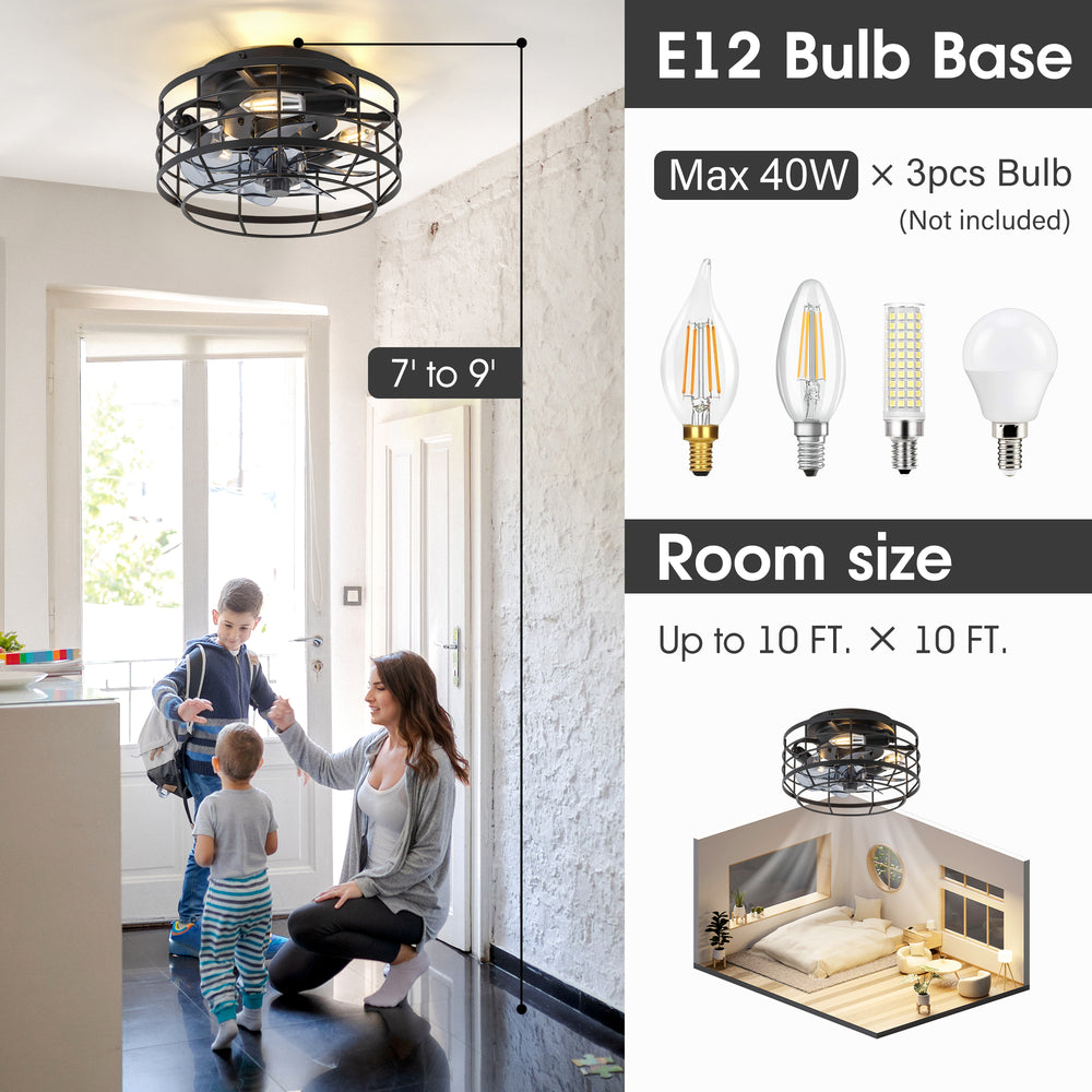 11.8" Caged Ceiling Fan with Light, Matte Black/Stain Nickel Finish, 7 ABS Blades, E12 Bulb Base, DC Motor, 6 Speeds, Reverse Function, Timer, Remote Control, Flush Mount