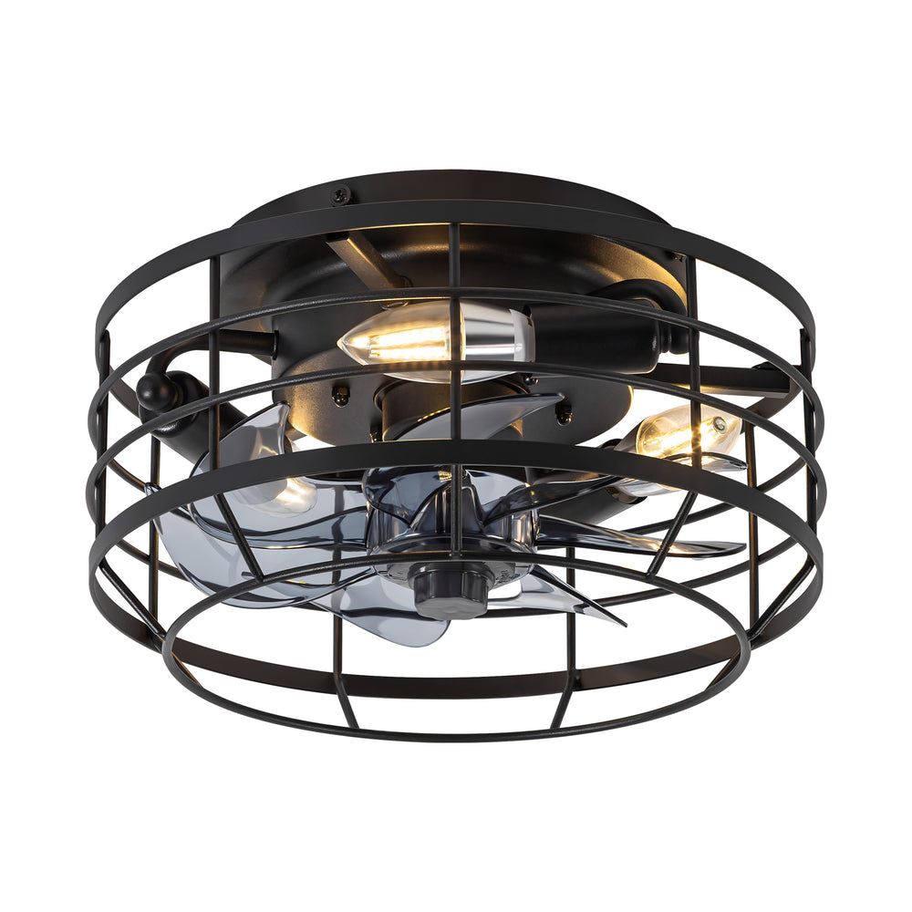 11.8" Caged Ceiling Fan with Light, Matte Black/Stain Nickel Finish, 7 ABS Blades, E12 Bulb Base, DC Motor, 6 Speeds, Reverse Function, Timer, Remote Control, Flush Mount