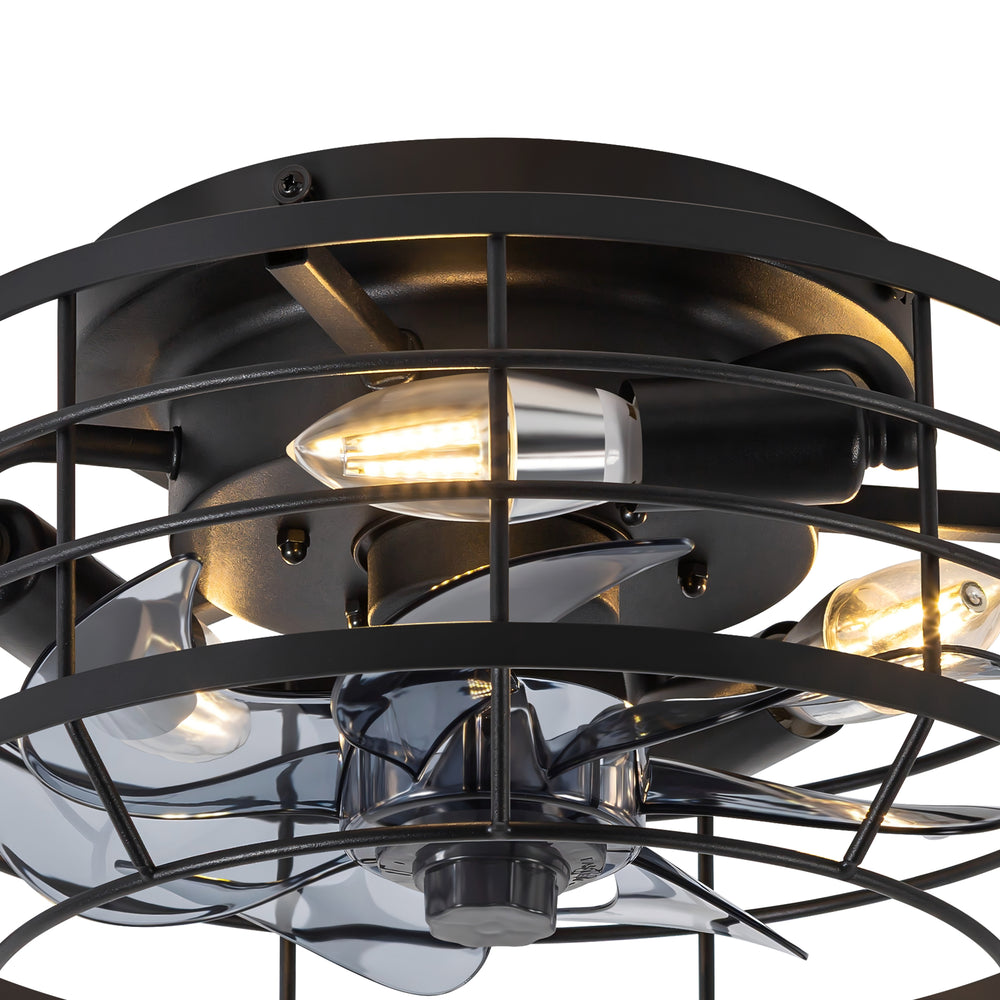 11.8" Caged Ceiling Fan with Light, Matte Black/Stain Nickel Finish, 7 ABS Blades, E12 Bulb Base, DC Motor, 6 Speeds, Reverse Function, Timer, Remote Control, Flush Mount