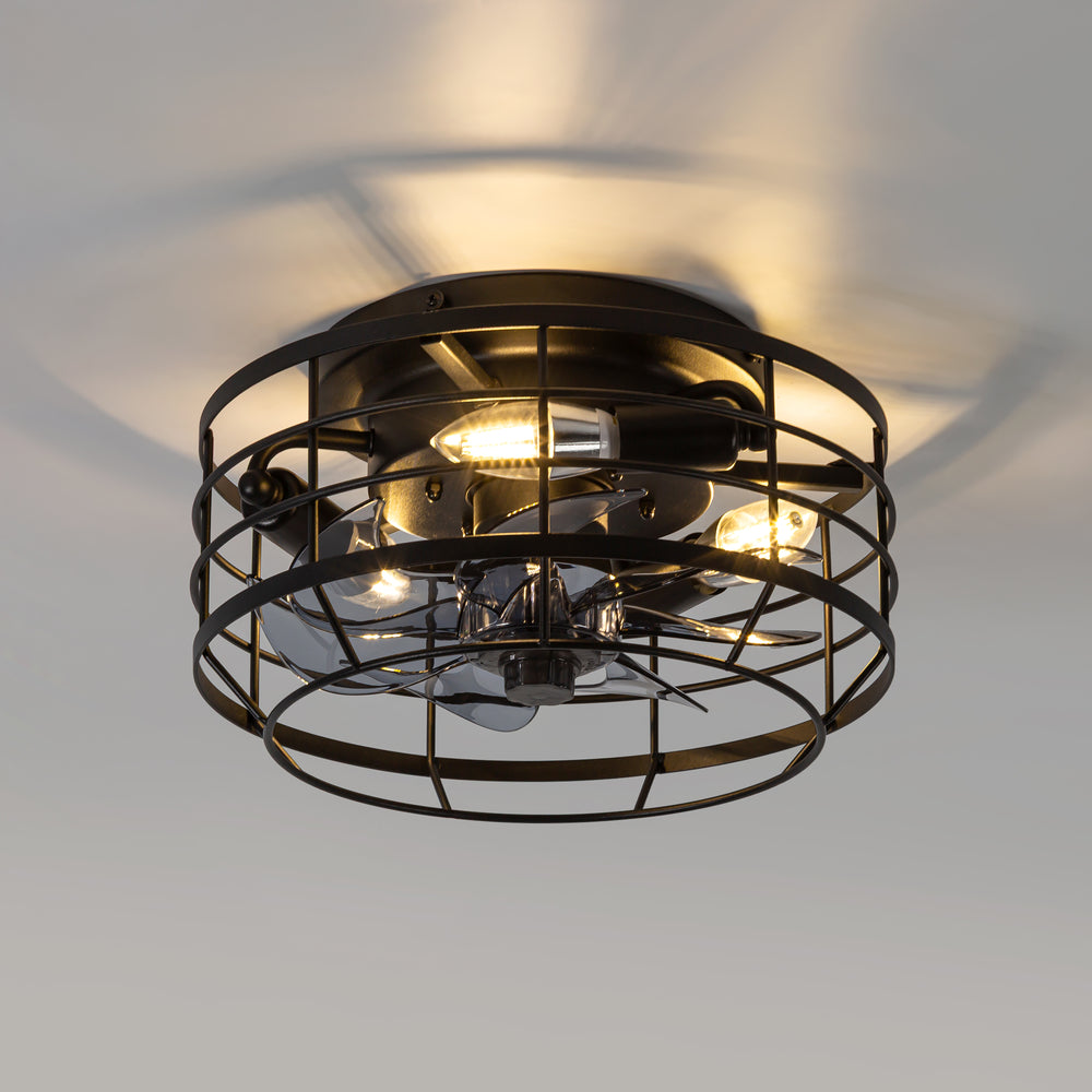 11.8" Caged Ceiling Fan with Light, Matte Black/Stain Nickel Finish, 7 ABS Blades, E12 Bulb Base, DC Motor, 6 Speeds, Reverse Function, Timer, Remote Control, Flush Mount