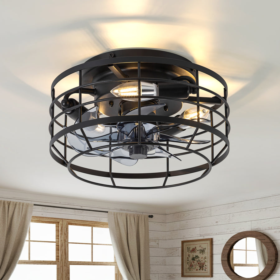 11.8" Caged Ceiling Fan with Light, Matte Black/Stain Nickel Finish, 7 ABS Blades, E12 Bulb Base, DC Motor, 6 Speeds, Reverse Function, Timer, Remote Control, Flush Mount