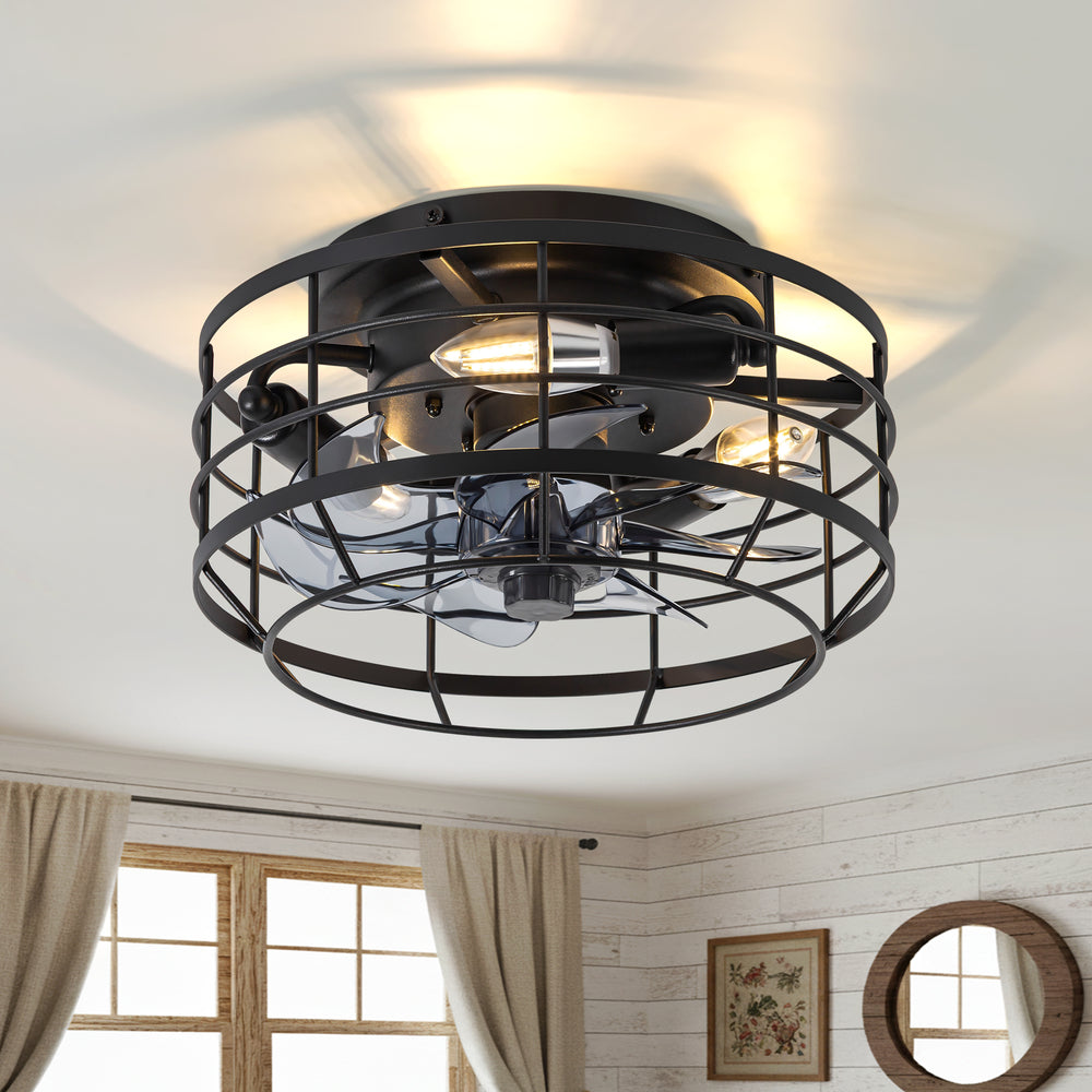 11.8" Caged Ceiling Fan with Light, Matte Black/Stain Nickel Finish, 7 ABS Blades, E12 Bulb Base, DC Motor, 6 Speeds, Reverse Function, Timer, Remote Control, Flush Mount