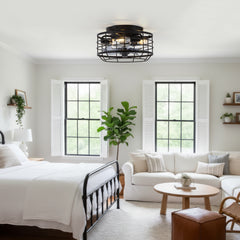 11.8" Caged Ceiling Fan with Light, Matte Black/Stain Nickel Finish, 7 ABS Blades, E12 Bulb Base, DC Motor, 6 Speeds, Reverse Function, Timer, Remote Control, Flush Mount