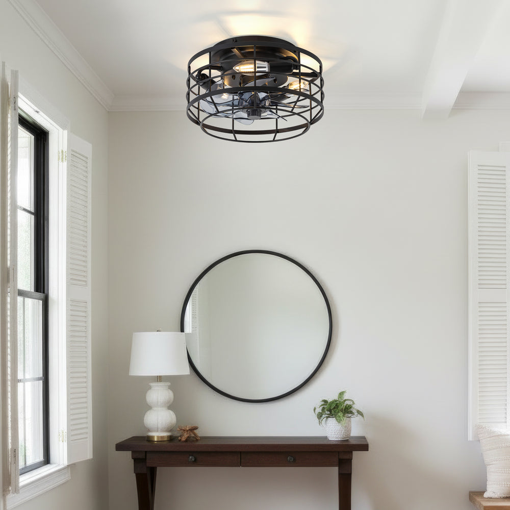 11.8" Caged Ceiling Fan with Light, Matte Black/Stain Nickel Finish, 7 ABS Blades, E12 Bulb Base, DC Motor, 6 Speeds, Reverse Function, Timer, Remote Control, Flush Mount