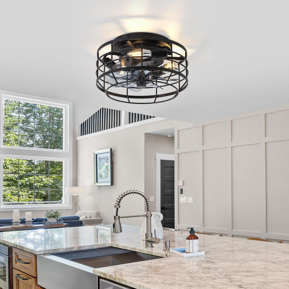 11.8" Caged Ceiling Fan with Light, Matte Black/Stain Nickel Finish, 7 ABS Blades, E12 Bulb Base, DC Motor, 6 Speeds, Reverse Function, Timer, Remote Control, Flush Mount