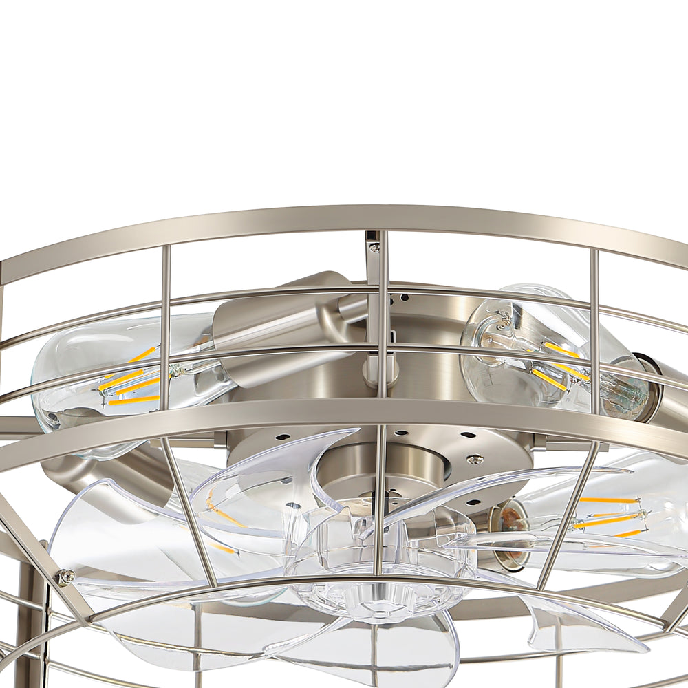 20" Caged Ceiling Fan with Lights, Quiet DC Motor, 6-Speed Remote Control, Reversible Flush Mount Fan, Satin Nickel Finish, Low Profile Bedroom Kitchen Fan