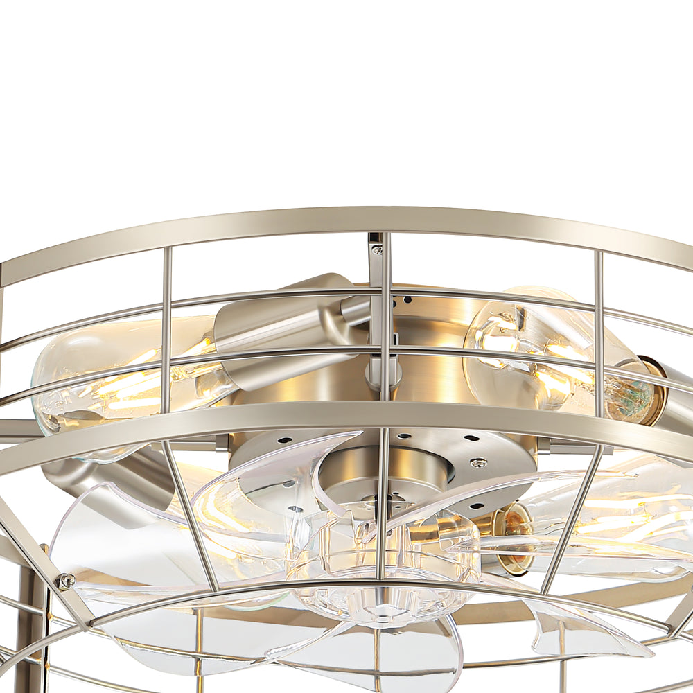 20" Caged Ceiling Fan with Lights, Quiet DC Motor, 6-Speed Remote Control, Reversible Flush Mount Fan, Satin Nickel Finish, Low Profile Bedroom Kitchen Fan