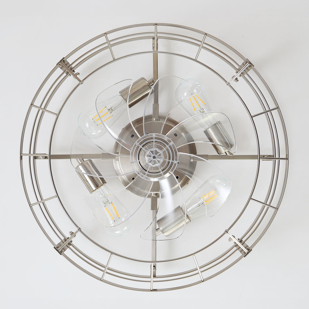 20" Caged Ceiling Fan with Lights, Quiet DC Motor, 6-Speed Remote Control, Reversible Flush Mount Fan, Satin Nickel Finish, Low Profile Bedroom Kitchen Fan