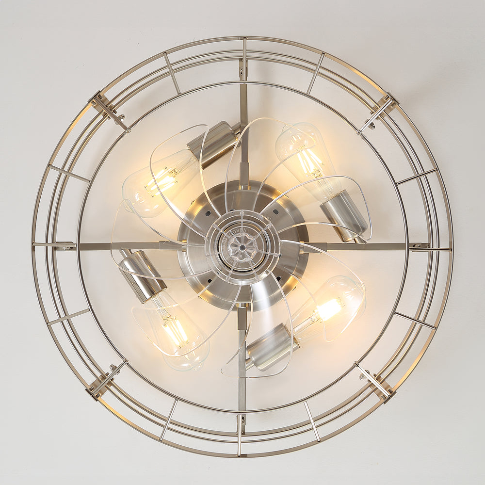 20" Caged Ceiling Fan with Lights, Quiet DC Motor, 6-Speed Remote Control, Reversible Flush Mount Fan, Satin Nickel Finish, Low Profile Bedroom Kitchen Fan