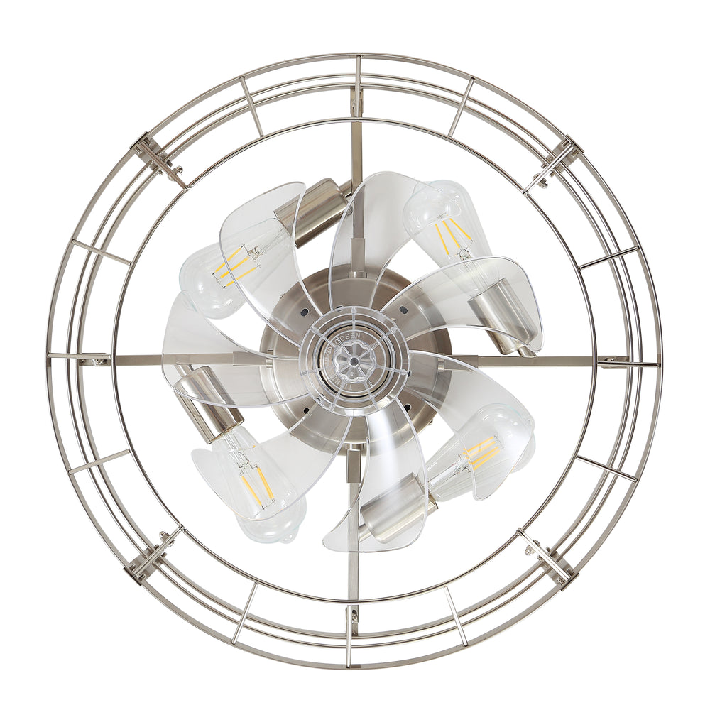 20" Caged Ceiling Fan with Lights, Quiet DC Motor, 6-Speed Remote Control, Reversible Flush Mount Fan, Satin Nickel Finish, Low Profile Bedroom Kitchen Fan
