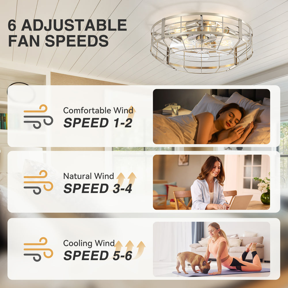 20" Caged Ceiling Fan with Lights, Quiet DC Motor, 6-Speed Remote Control, Reversible Flush Mount Fan, Satin Nickel Finish, Low Profile Bedroom Kitchen Fan