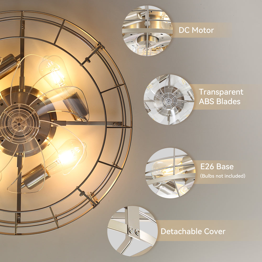 20" Caged Ceiling Fan with Lights, Quiet DC Motor, 6-Speed Remote Control, Reversible Flush Mount Fan, Satin Nickel Finish, Low Profile Bedroom Kitchen Fan