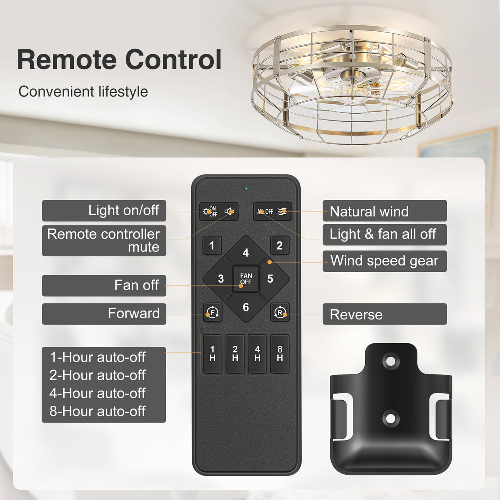 20" Caged Ceiling Fan with Lights, Quiet DC Motor, 6-Speed Remote Control, Reversible Flush Mount Fan, Satin Nickel Finish, Low Profile Bedroom Kitchen Fan