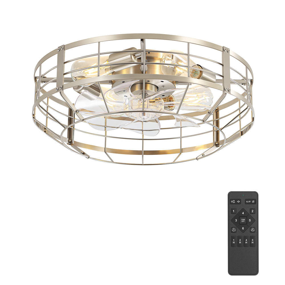 20" Caged Ceiling Fan with Lights, Quiet DC Motor, 6-Speed Remote Control, Reversible Flush Mount Fan, Satin Nickel Finish, Low Profile Bedroom Kitchen Fan