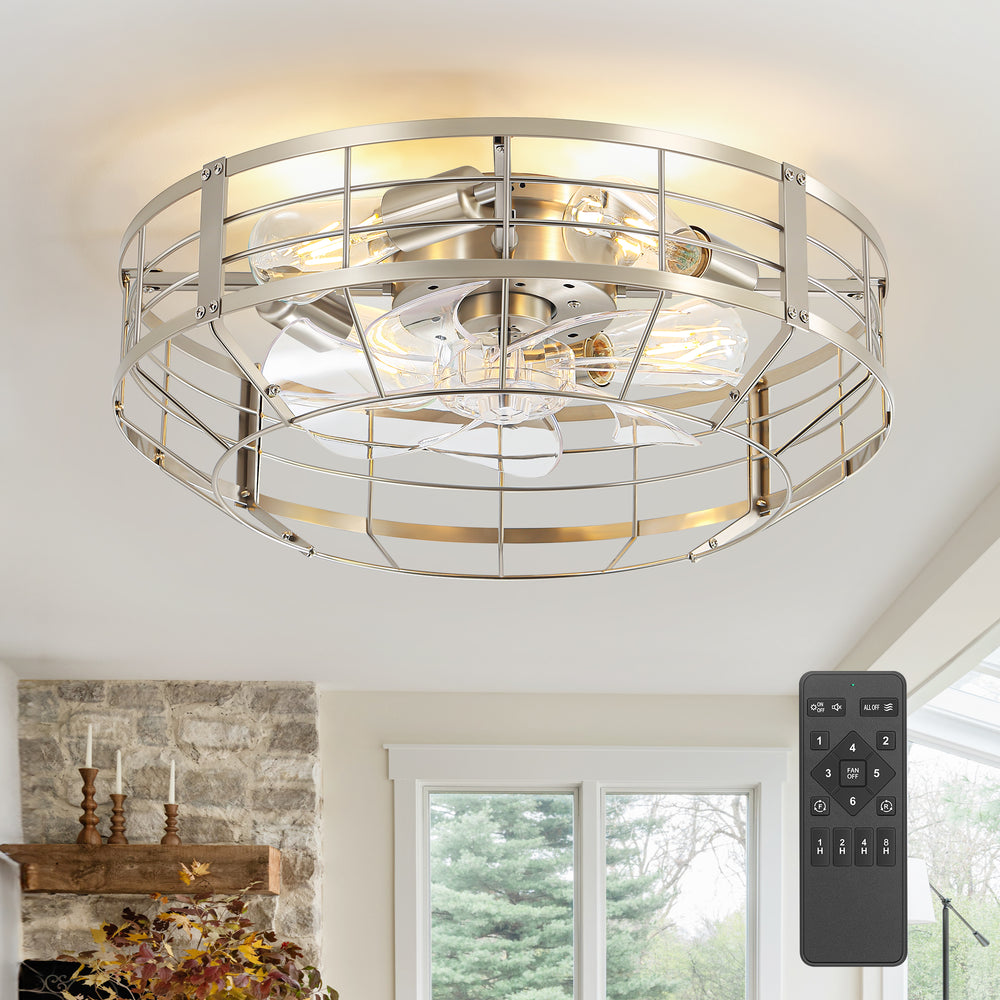 20" Caged Ceiling Fan with Lights, Quiet DC Motor, 6-Speed Remote Control, Reversible Flush Mount Fan, Satin Nickel Finish, Low Profile Bedroom Kitchen Fan