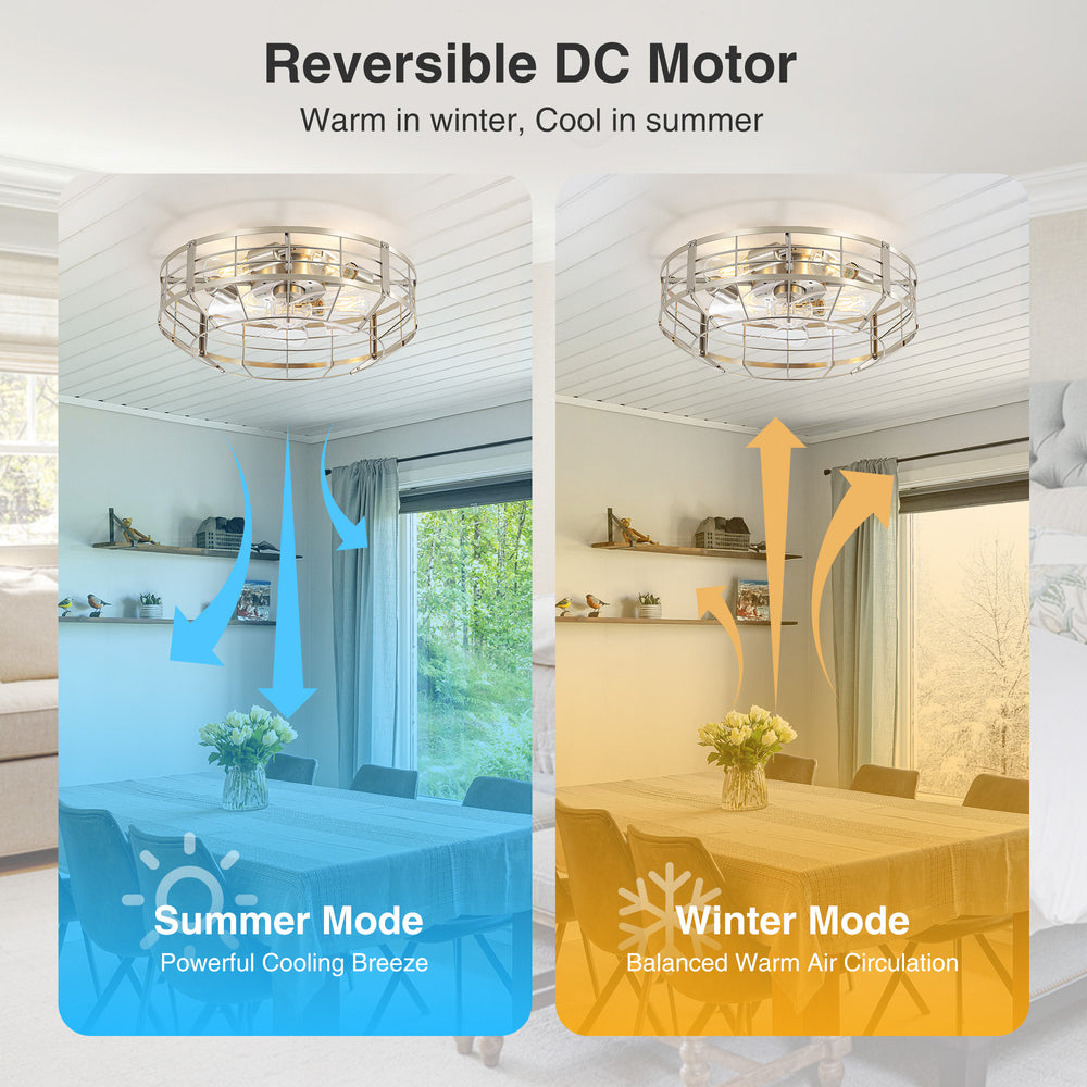 20" Caged Ceiling Fan with Lights, Quiet DC Motor, 6-Speed Remote Control, Reversible Flush Mount Fan, Satin Nickel Finish, Low Profile Bedroom Kitchen Fan