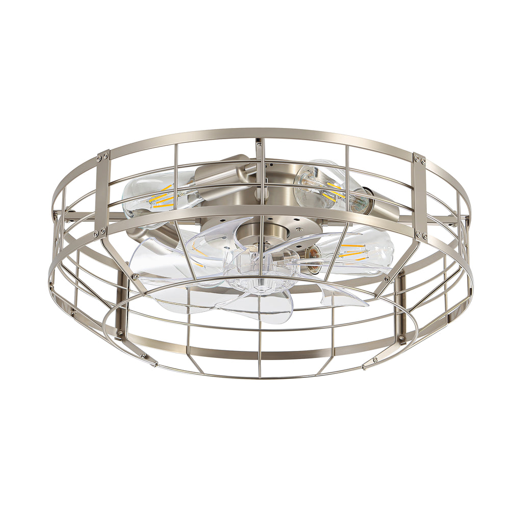 20" Caged Ceiling Fan with Lights, Quiet DC Motor, 6-Speed Remote Control, Reversible Flush Mount Fan, Satin Nickel Finish, Low Profile Bedroom Kitchen Fan