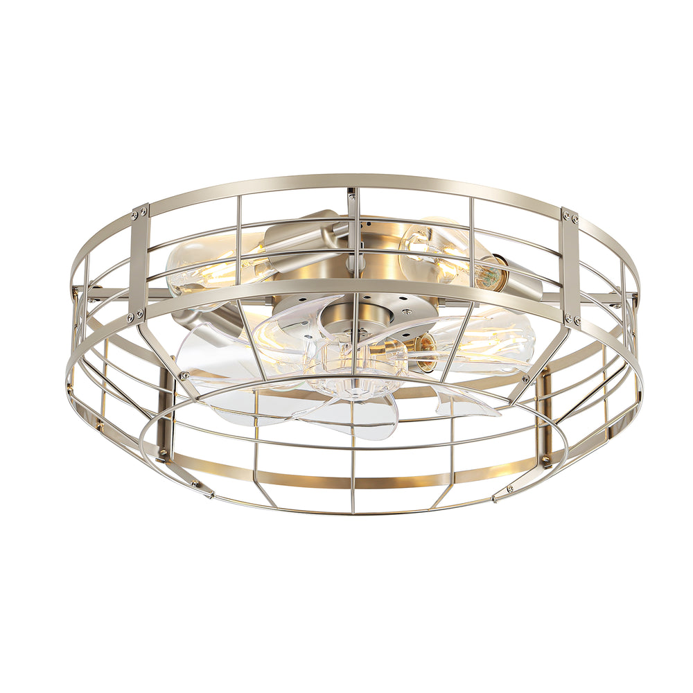 20" Caged Ceiling Fan with Lights, Quiet DC Motor, 6-Speed Remote Control, Reversible Flush Mount Fan, Satin Nickel Finish, Low Profile Bedroom Kitchen Fan