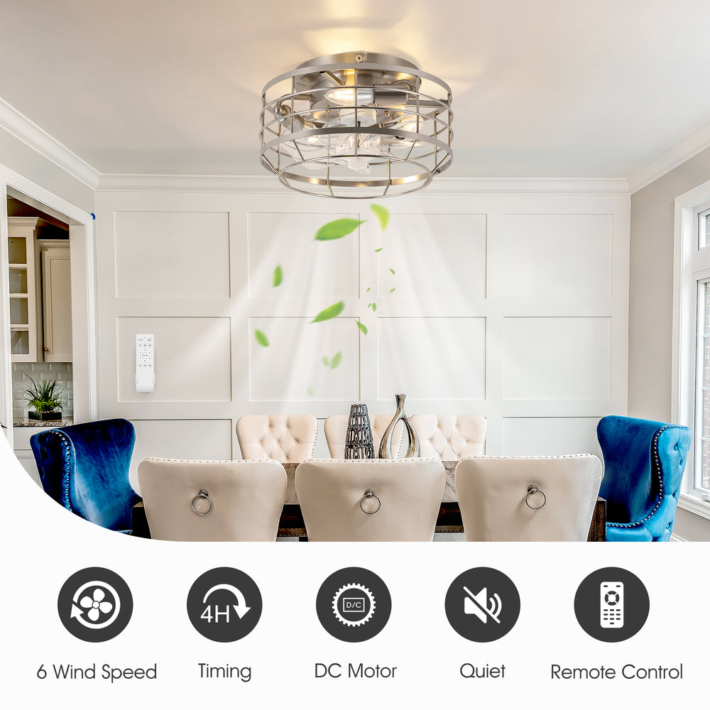 11.8" Caged Ceiling Fan with Light, Matte Black/Stain Nickel Finish, 7 ABS Blades, E12 Bulb Base, DC Motor, 6 Speeds, Reverse Function, Timer, Remote Control, Flush Mount