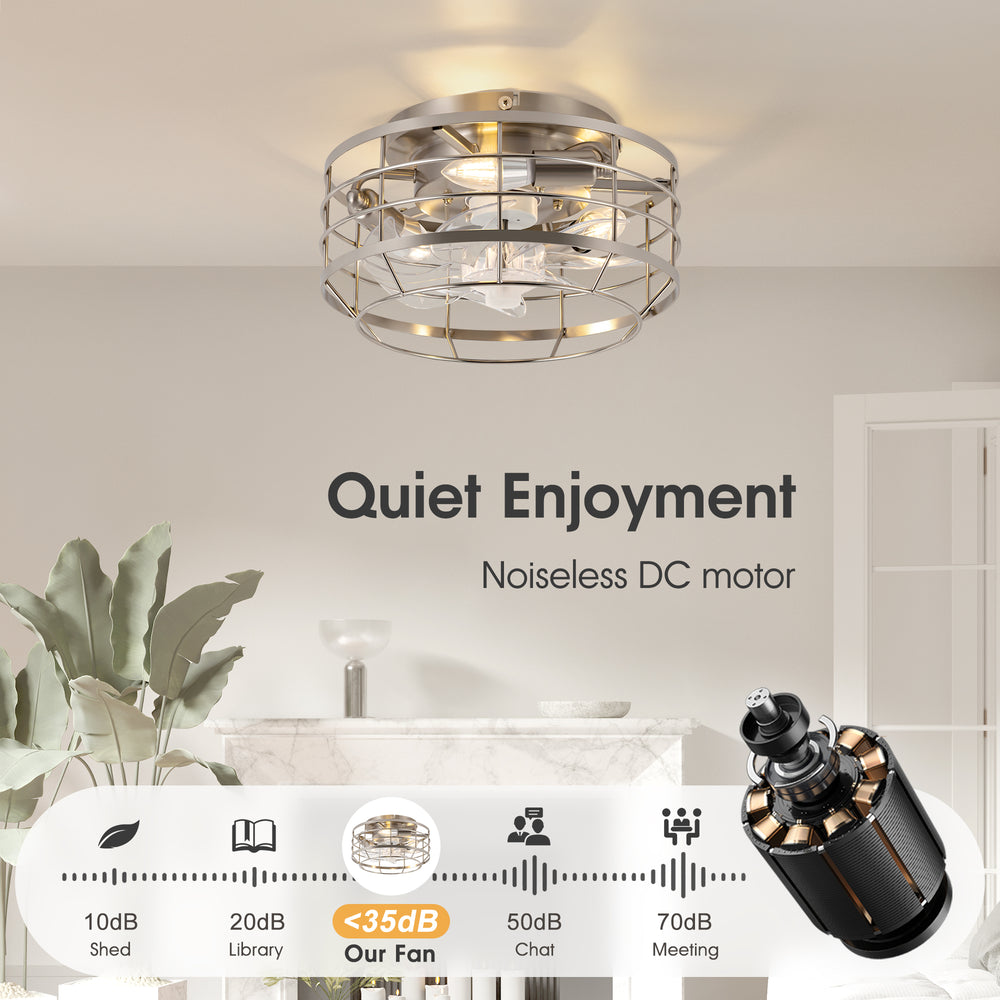 11.8" Caged Ceiling Fan with Light, Matte Black/Stain Nickel Finish, 7 ABS Blades, E12 Bulb Base, DC Motor, 6 Speeds, Reverse Function, Timer, Remote Control, Flush Mount