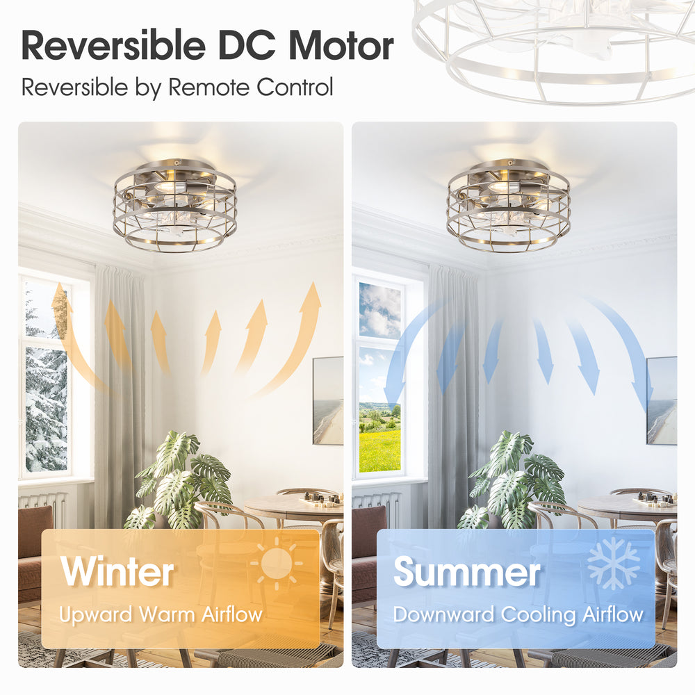 11.8" Caged Ceiling Fan with Light, Matte Black/Stain Nickel Finish, 7 ABS Blades, E12 Bulb Base, DC Motor, 6 Speeds, Reverse Function, Timer, Remote Control, Flush Mount