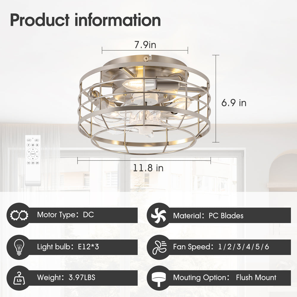 11.8" Caged Ceiling Fan with Light, Matte Black/Stain Nickel Finish, 7 ABS Blades, E12 Bulb Base, DC Motor, 6 Speeds, Reverse Function, Timer, Remote Control, Flush Mount