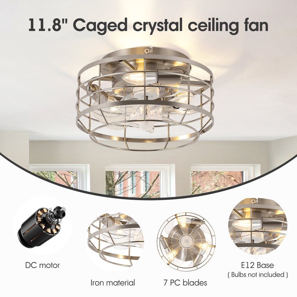 11.8" Caged Ceiling Fan with Light, Matte Black/Stain Nickel Finish, 7 ABS Blades, E12 Bulb Base, DC Motor, 6 Speeds, Reverse Function, Timer, Remote Control, Flush Mount