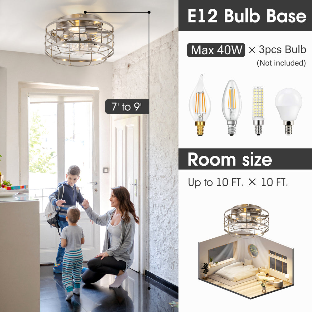 11.8" Caged Ceiling Fan with Light, Matte Black/Stain Nickel Finish, 7 ABS Blades, E12 Bulb Base, DC Motor, 6 Speeds, Reverse Function, Timer, Remote Control, Flush Mount