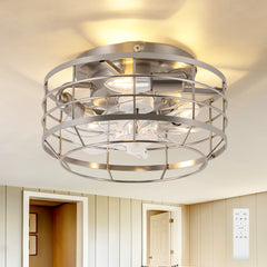 11.8" Caged Ceiling Fan with Light, Matte Black/Stain Nickel Finish, 7 ABS Blades, E12 Bulb Base, DC Motor, 6 Speeds, Reverse Function, Timer, Remote Control, Flush Mount