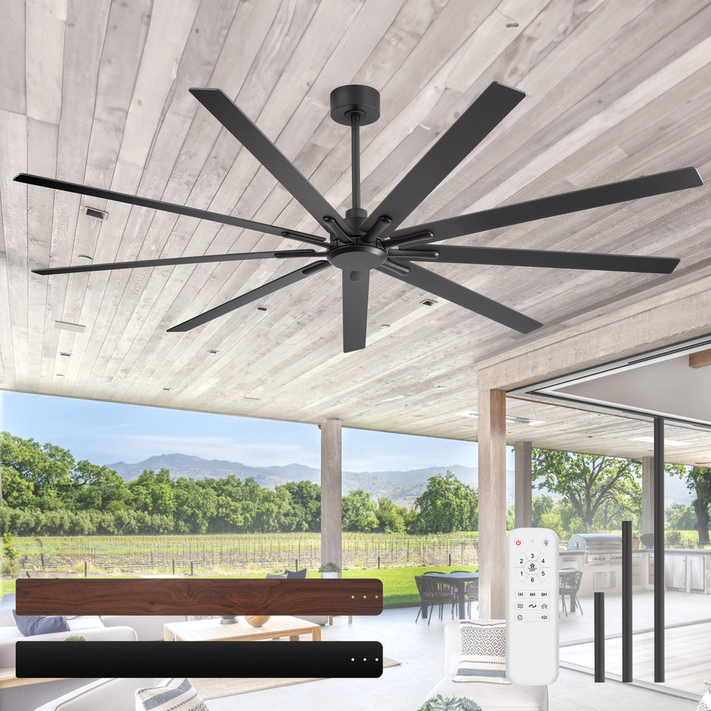 84" Industrial Matte Black Ceiling Fan No Light with Remote Control, 9 Reversible Blades, DC Motor, 6 Speeds, Forward/Reverse Airflow, 3 Downrods (8"/12"/24"), For Large Indoor Spaces