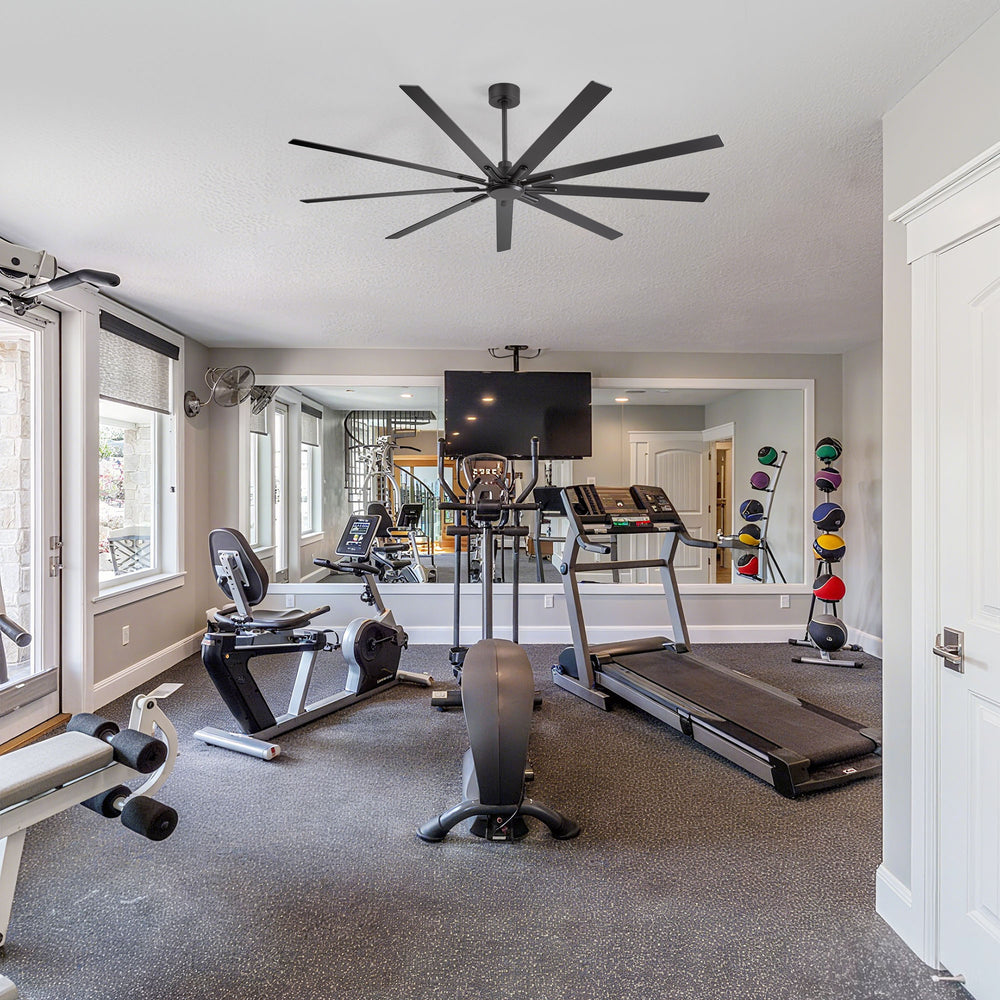 84" Industrial Matte Black Ceiling Fan No Light with Remote Control, 9 Reversible Blades, DC Motor, 6 Speeds, Forward/Reverse Airflow, 3 Downrods (8"/12"/24"), For Large Indoor Spaces