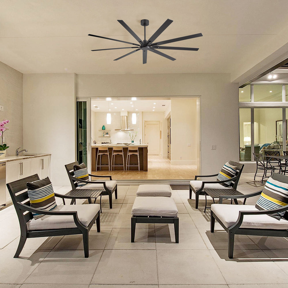 84" Industrial Matte Black Ceiling Fan No Light with Remote Control, 9 Reversible Blades, DC Motor, 6 Speeds, Forward/Reverse Airflow, 3 Downrods (8"/12"/24"), For Large Indoor Spaces