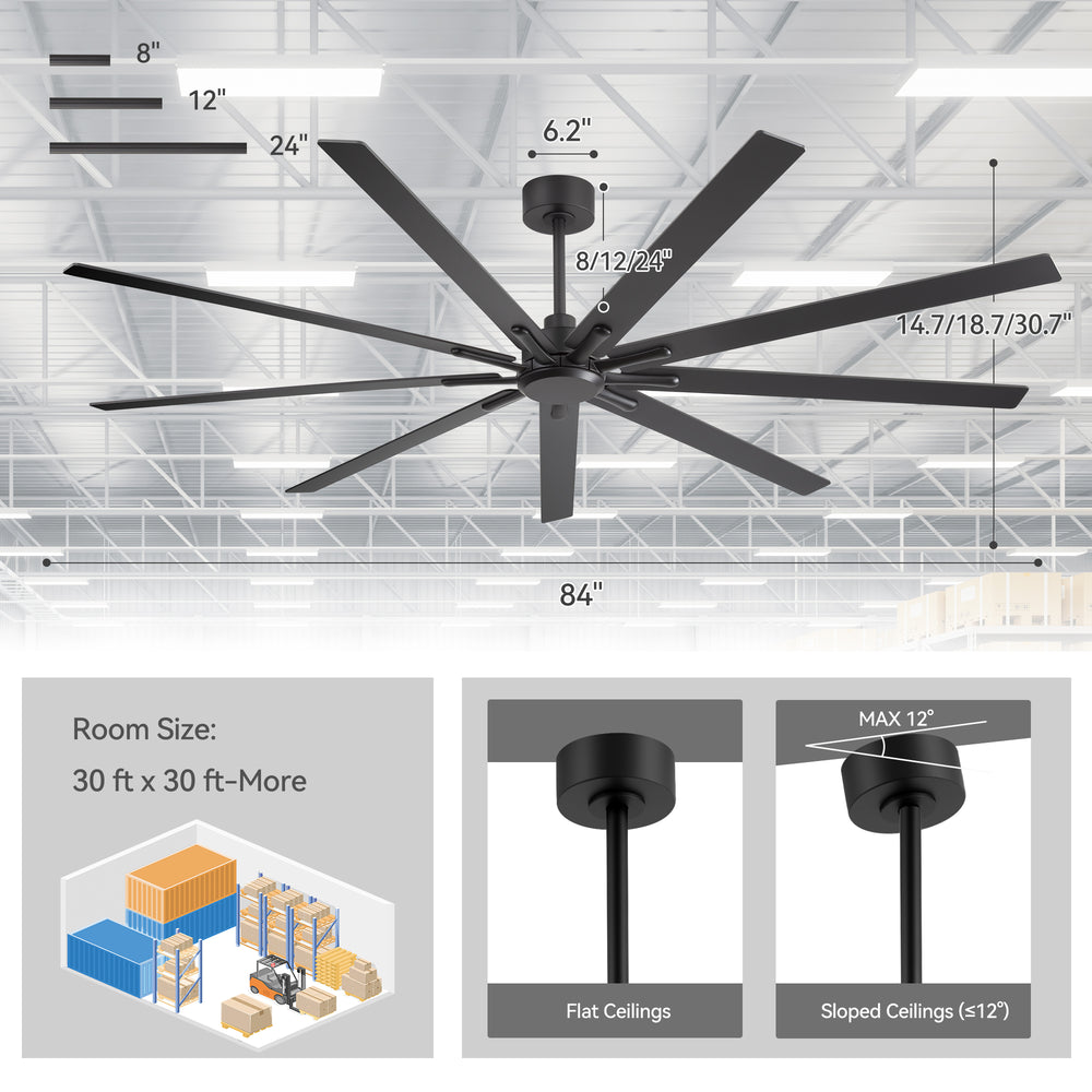 84" Industrial Matte Black Ceiling Fan No Light with Remote Control, 9 Reversible Blades, DC Motor, 6 Speeds, Forward/Reverse Airflow, 3 Downrods (8"/12"/24"), For Large Indoor Spaces