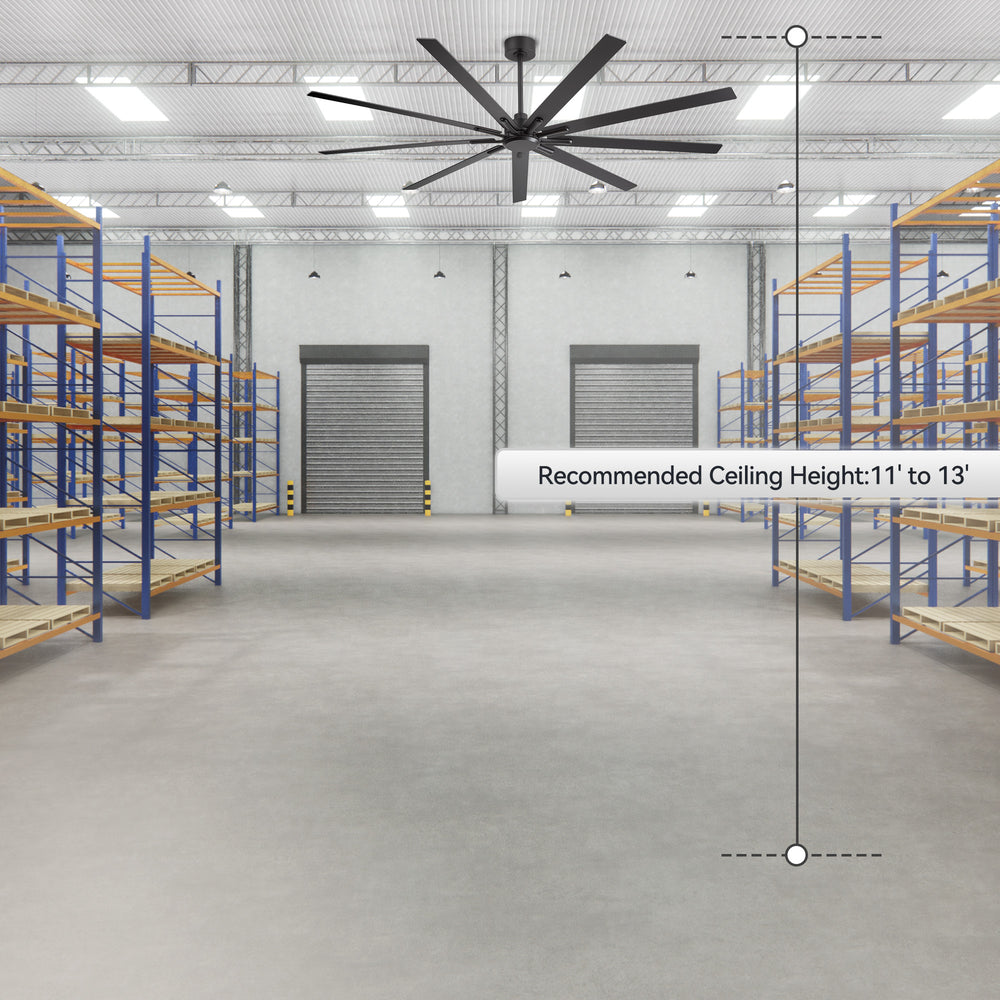 84" Industrial Matte Black Ceiling Fan No Light with Remote Control, 9 Reversible Blades, DC Motor, 6 Speeds, Forward/Reverse Airflow, 3 Downrods (8"/12"/24"), For Large Indoor Spaces
