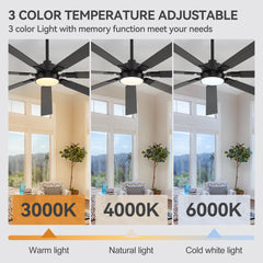 Large 72" Modern Ceiling Fan with LED Light and Remote, 7 Reversible Black/Dark Walnut Blades, Quiet DC Motor, 6-Speed Reversible Airflow, 3-Color Temperature, Includes 6"/12"/24" Downrods for Sloped or Flat Ceilings