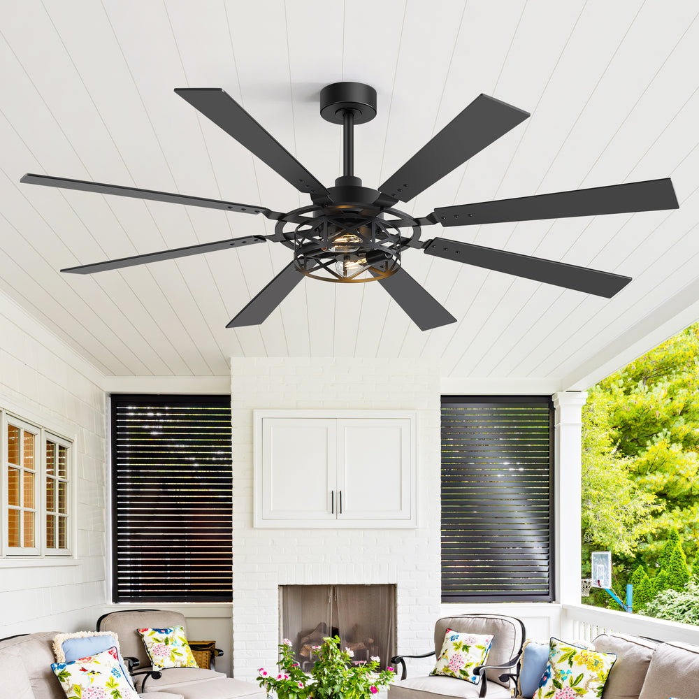 65” Ceiling Fan with Light, 8-Blade Ceiling Fan, Metal Cage Light Kit, Dual-Finish Plywood Blades, DC Motor, 6 Speeds, Remote Control, 2*E26 Bulbs Base, Downrod Mount, Modern Indoor Ceiling Fan for Living Room & Bedroom