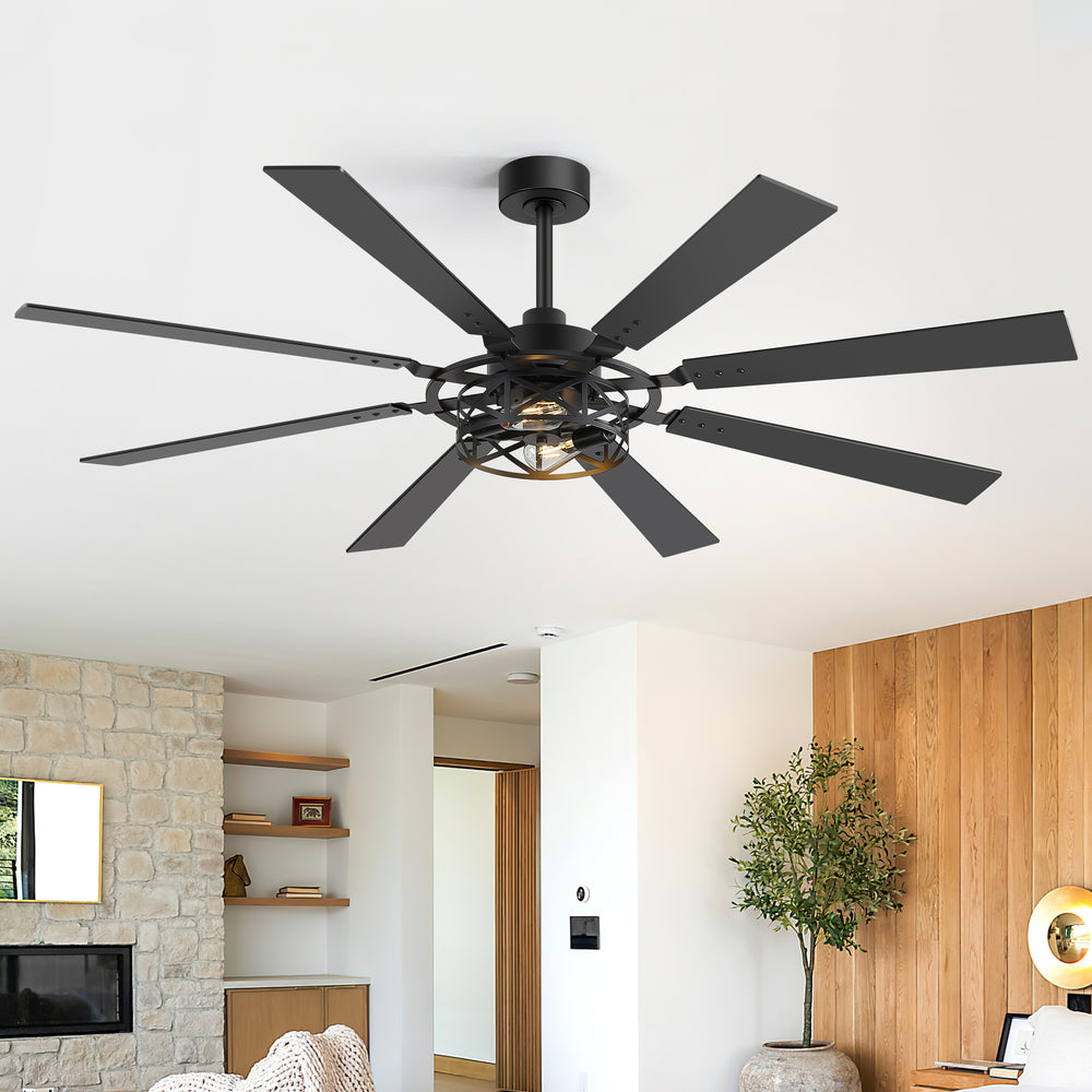 65” Ceiling Fan with Light, 8-Blade Ceiling Fan, Metal Cage Light Kit, Dual-Finish Plywood Blades, DC Motor, 6 Speeds, Remote Control, 2*E26 Bulbs Base, Downrod Mount, Modern Indoor Ceiling Fan for Living Room & Bedroom