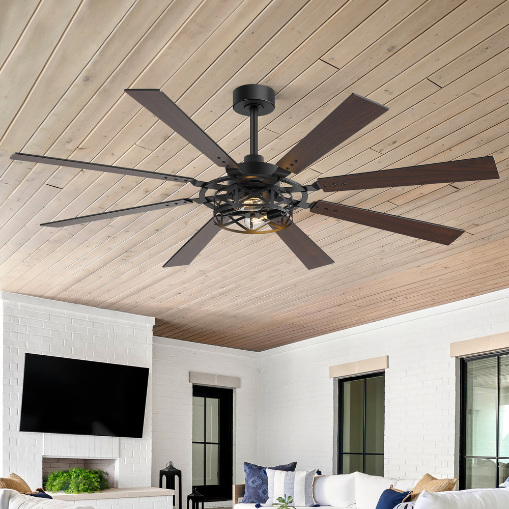 65” Ceiling Fan with Light, 8-Blade Ceiling Fan, Metal Cage Light Kit, Dual-Finish Plywood Blades, DC Motor, 6 Speeds, Remote Control, 2*E26 Bulbs Base, Downrod Mount, Modern Indoor Ceiling Fan for Living Room & Bedroom