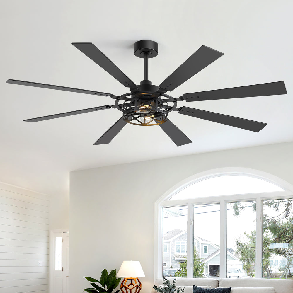 65” Ceiling Fan with Light, 8-Blade Ceiling Fan, Metal Cage Light Kit, Dual-Finish Plywood Blades, DC Motor, 6 Speeds, Remote Control, 2*E26 Bulbs Base, Downrod Mount, Modern Indoor Ceiling Fan for Living Room & Bedroom