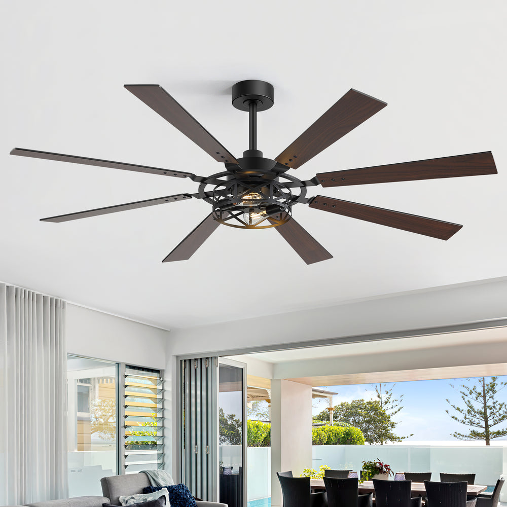 65” Ceiling Fan with Light, 8-Blade Ceiling Fan, Metal Cage Light Kit, Dual-Finish Plywood Blades, DC Motor, 6 Speeds, Remote Control, 2*E26 Bulbs Base, Downrod Mount, Modern Indoor Ceiling Fan for Living Room & Bedroom