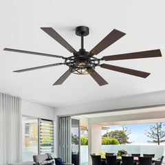 65” Ceiling Fan with Light, 8-Blade Ceiling Fan, Metal Cage Light Kit, Dual-Finish Plywood Blades, DC Motor, 6 Speeds, Remote Control, 2*E26 Bulbs Base, Downrod Mount, Modern Indoor Ceiling Fan for Living Room & Bedroom