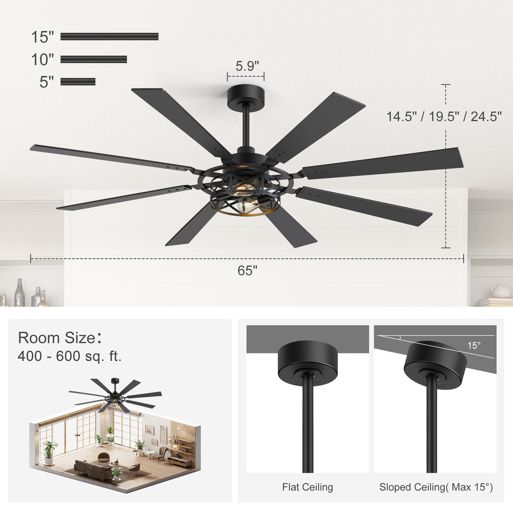 65” Ceiling Fan with Light, 8-Blade Ceiling Fan, Metal Cage Light Kit, Dual-Finish Plywood Blades, DC Motor, 6 Speeds, Remote Control, 2*E26 Bulbs Base, Downrod Mount, Modern Indoor Ceiling Fan for Living Room & Bedroom