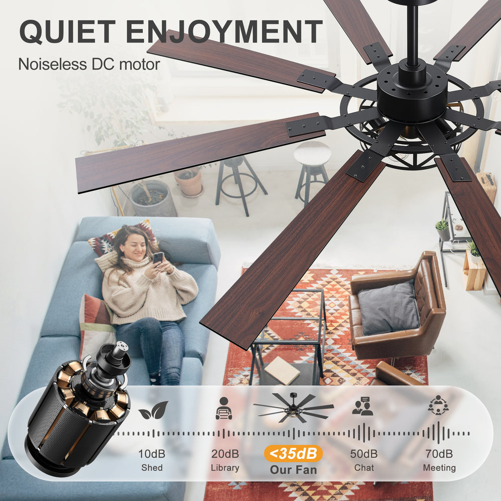 65” Ceiling Fan with Light, 8-Blade Ceiling Fan, Metal Cage Light Kit, Dual-Finish Plywood Blades, DC Motor, 6 Speeds, Remote Control, 2*E26 Bulbs Base, Downrod Mount, Modern Indoor Ceiling Fan for Living Room & Bedroom
