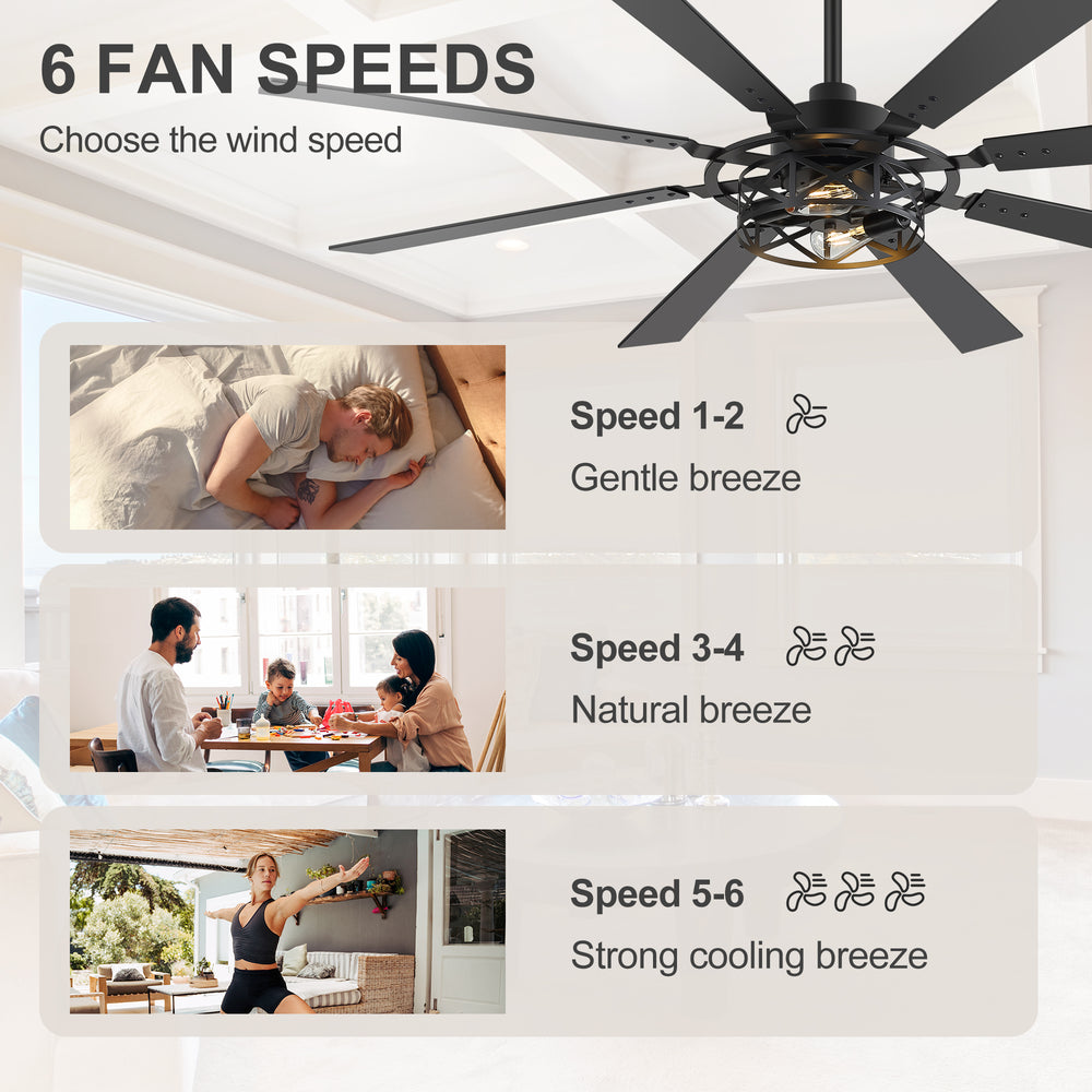 65” Ceiling Fan with Light, 8-Blade Ceiling Fan, Metal Cage Light Kit, Dual-Finish Plywood Blades, DC Motor, 6 Speeds, Remote Control, 2*E26 Bulbs Base, Downrod Mount, Modern Indoor Ceiling Fan for Living Room & Bedroom