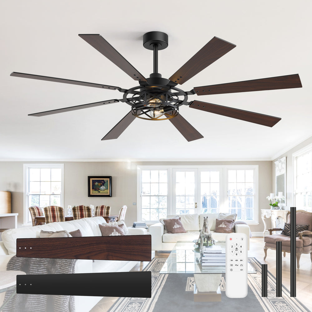 65” Ceiling Fan with Light, 8-Blade Ceiling Fan, Metal Cage Light Kit, Dual-Finish Plywood Blades, DC Motor, 6 Speeds, Remote Control, 2*E26 Bulbs Base, Downrod Mount, Modern Indoor Ceiling Fan for Living Room & Bedroom