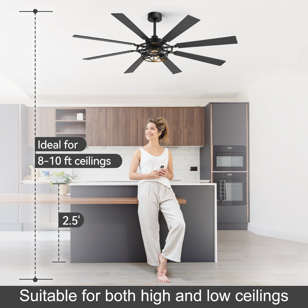 65” Ceiling Fan with Light, 8-Blade Ceiling Fan, Metal Cage Light Kit, Dual-Finish Plywood Blades, DC Motor, 6 Speeds, Remote Control, 2*E26 Bulbs Base, Downrod Mount, Modern Indoor Ceiling Fan for Living Room & Bedroom