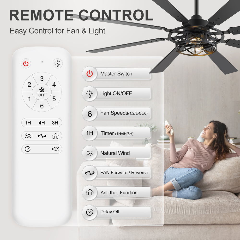 65” Ceiling Fan with Light, 8-Blade Ceiling Fan, Metal Cage Light Kit, Dual-Finish Plywood Blades, DC Motor, 6 Speeds, Remote Control, 2*E26 Bulbs Base, Downrod Mount, Modern Indoor Ceiling Fan for Living Room & Bedroom